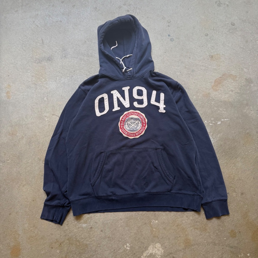 Old Navy Mens XL Navy Blue Collegiate Graphic Pullover Hoodie Distressed